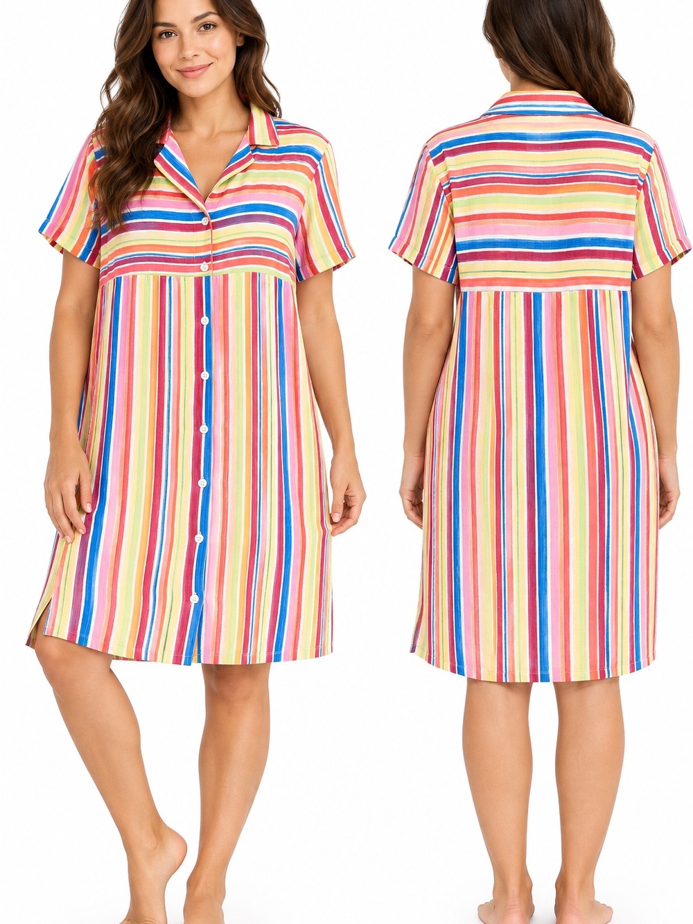 VintageJudith Hart 100% Silk Rainbow Stripe Button Front Nightgown Sleep Shirt M